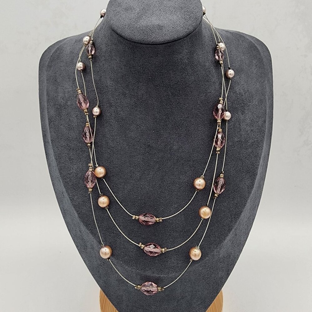 Elegant Triple-Strand Necklace With Purple Faceted Beads & Bronze Pearls